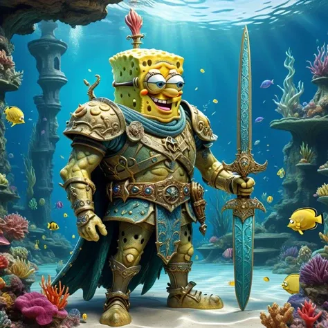 (An fantasy illustration:1.3) of A full-body illustration of SpongeBob, standing in underwater oasis,colorful fishes, wearing intricately ornamented HKStyle plate  fantasy armor and holding a sword. <lora:FantasyKnightsHKStyle:0.8>