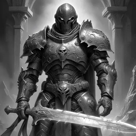 (horror pencil sketch1.3), full-body, Doom Guy, standing,hell, plate armor, holding a sword,intricate,HKStyle, <lora:FantasyKnightsHKStyle:0.7>