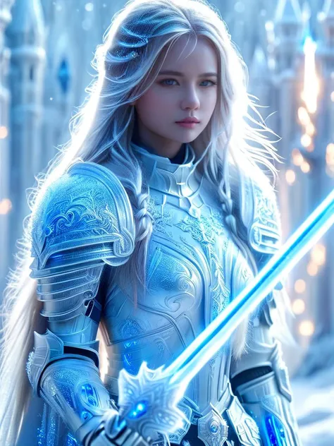 woman wearing futuristic armor, long hair, holding blue laser light saber, FrostedStyle, white, HKStyle, frozen world, frozen castle, bokeh, realistic, masterpiece, intricate detail, 8K, HDR, <lora:kfkaxl:0.5> <lora:alcaxl:0.5>, <lora:sd_xl_dpo_lora_v1:1>, <lora:SDXLFrosted:1>, <lora:SDXL_White_Sa_May:1>, <lora:HKStyle:1>