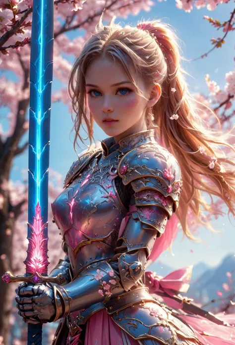 amazing quality, masterpiece, best quality, hyper detailed, ultra detailed, UHD, perfect anatomy, blurry background, outdoor,( cherry blossoms:0.6), blue sky, sunny, studio lighting, bright foreground, face to viewer,
(pink hybrid white) armor, female, holding, outstretched arm, outstretched hand, sword with ral-elctryzt, ponytail, glowing, shine, dazzling,
<lora:HKStyle:0.85>, HKStyle,
<lora:add-detail-xl:0.75>,
<lora:quality1:0.75>,
<lora:extremely_detailed:0.65>, extremely detailed,
<lora:ral-elctryzt-sdxl:0.6>,