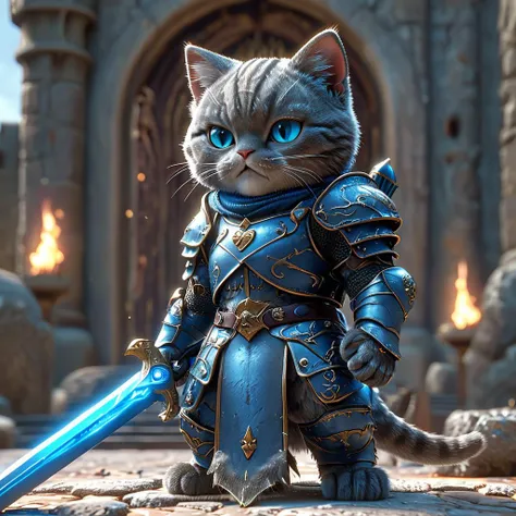 Close up shot of a cat, Full body, holding blue sword, wearing dark armor, castle background, HD, masterpiece, best quality, hyper detailed, ultra detailed, super realistic,
<lora:FantasyKnightsHKStyle:1> hkstyle, 3d fluffy, closeup cute and adorable, cute big circular reflective eyes, long fuzzy fur, Pixar render, unreal engine cinematic smooth, intricate detail, cinematic