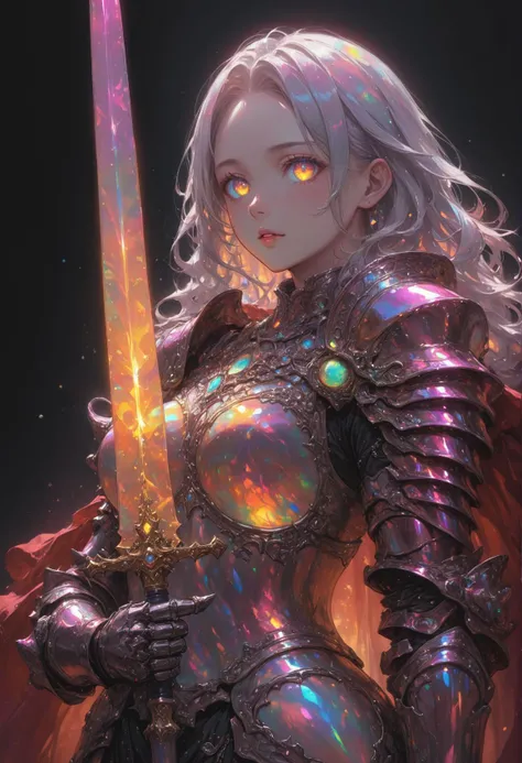 1girl, beatiful face, no headwear, [ruby:opal:0.5], amazing quality, masterpiece, best quality, hyper detailed, ultra detailed, UHD, perfect anatomy,
girl knight, holding a sword, dazzling ,transparent ,polishing, (1 arm up),
waving sword, bismuth armor, glowing armor, glowing eyes, shine armor, dazzling armor,
<lora:HKStyle:0.4>, HKStyle,
<lora:add-detail-xl:0.75>,
<lora:quality1:0.75>,
<lora:extremely_detailed:0.6>, extremely detailed,
<lora:IOS_Iridescent_opal_style:0.6>