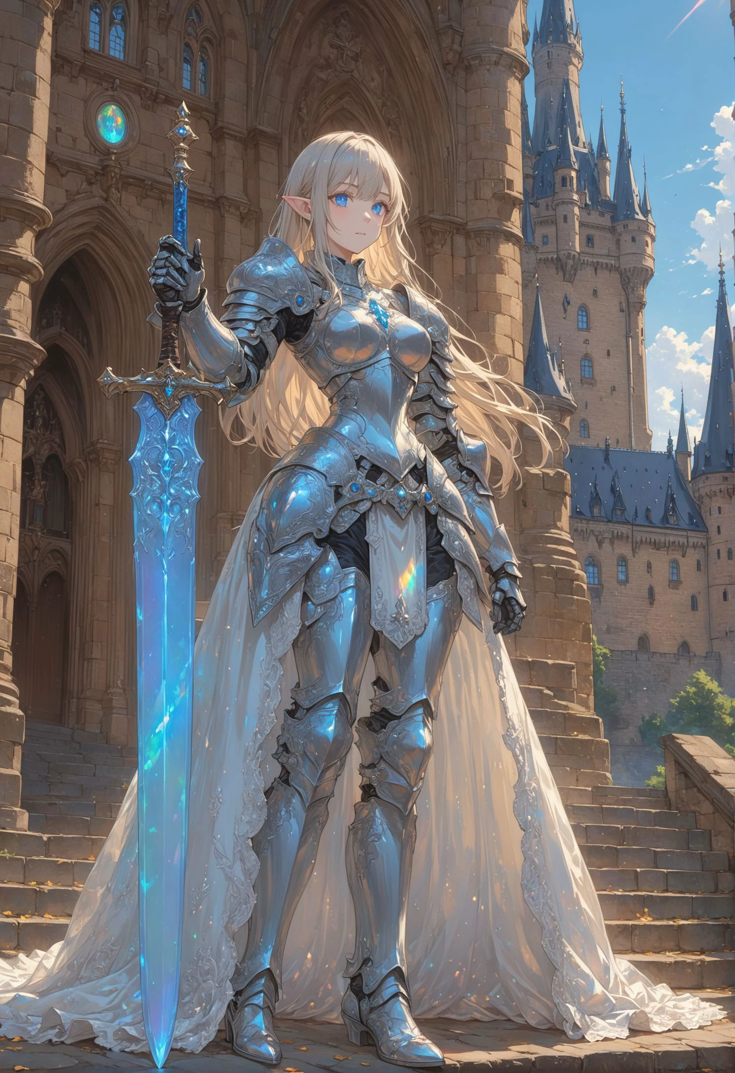1girl, girl knight, blunt bangs, hime cut, pointy ears, [pearl:opal:0.5], very aesthetic, masterpiece, best quality, hyper detailed, ultra detailed, UHD, perfect anatomy, on the steps of Hohenzollern Castle,
sword, dazzling ,transparent, waving sword, burnished silver, steel armor, shine armor, dazzling armor,
detailed Illustration, official artwork, wallpaper, official art, extremely detailed eyes and face, beautiful detailed eyes, blue eyes,
<lora:HKStyle:0.4>, HKStyle,
<lora:Final_Fantasy_Tactics_XLv2:0.4>,
<lora:add-detail-xl:0.75>,
<lora:quality1:0.75>,
<lora:extremely_detailed:0.6>, extremely detailed,
<lora:IOS_Iridescent_opal_style:0.4>