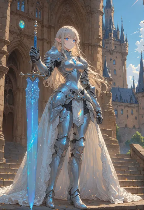 1girl, girl knight, blunt bangs, hime cut, pointy ears, [pearl:opal:0.5], very aesthetic, masterpiece, best quality, hyper detailed, ultra detailed, UHD, perfect anatomy, on the steps of Hohenzollern Castle,
sword, dazzling ,transparent, waving sword, burnished silver, steel armor, shine armor, dazzling armor,
detailed Illustration, official artwork, wallpaper, official art, extremely detailed eyes and face, beautiful detailed eyes, blue eyes,
<lora:HKStyle:0.4>, HKStyle,
<lora:Final_Fantasy_Tactics_XLv2:0.4>,
<lora:add-detail-xl:0.75>,
<lora:quality1:0.75>,
<lora:extremely_detailed:0.6>, extremely detailed,
<lora:IOS_Iridescent_opal_style:0.4>