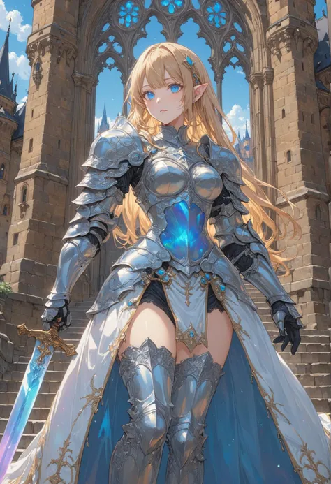 1girl, girl knight, blunt bangs, hime cut, pointy ears, [pearl:opal:0.5], very aesthetic, masterpiece, best quality, hyper detailed, ultra detailed, UHD, perfect anatomy, on the steps of Hohenzollern Castle,
sword, dazzling ,transparent, waving sword, burnished silver, agate armor, shine armor, dazzling armor,
detailed Illustration, official artwork, wallpaper, official art, extremely detailed eyes and face, beautiful detailed eyes, blue eyes,
<lora:HKStyle:0.4>, HKStyle,
<lora:Final_Fantasy_Tactics_XLv2:0.4>,
<lora:add-detail-xl:0.75>,
<lora:quality1:0.75>,
<lora:extremely_detailed:0.6>, extremely detailed,
<lora:IOS_Iridescent_opal_style:0.4>