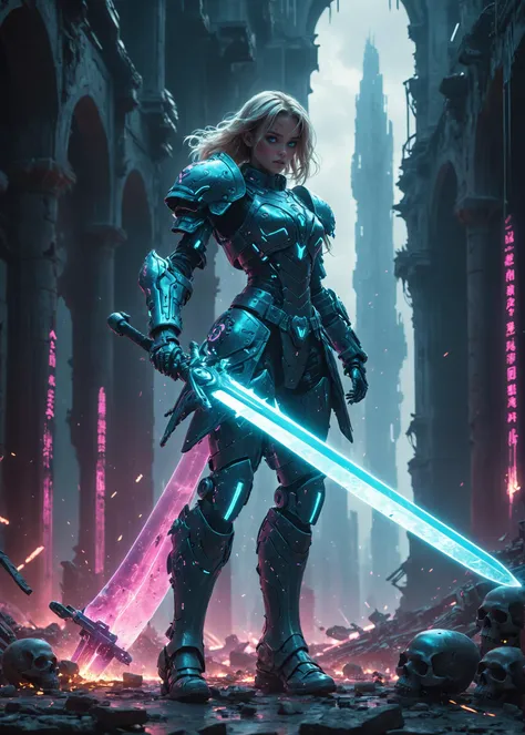 Epic cinematic action shot of a futuristic cyber princess, glowing neon powered armor, swinging a massive glowing sword, implied motion, pile of skulls, (massive dystopian city ruins),  <lora:HKStyle:0.6> HKStyle <lora:WowifierXL-V2:0.2> <lora:d\EnvyActionShotXL01:0.2>