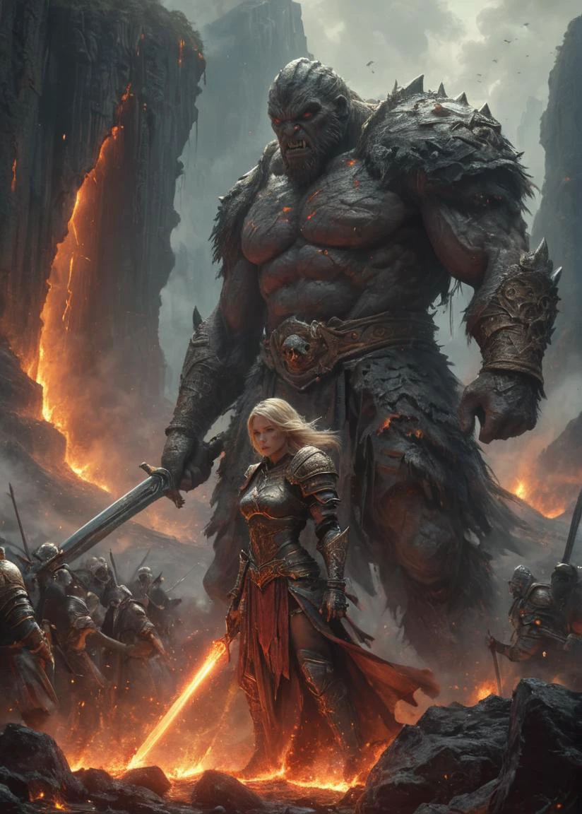 Epic cinematic action scene of an ancient warrior princess fighting hordes of ogres at the base of a raging volcano <lora:HKStyle:0.7> HKStyle <lora:ral-exposure:0.4> ral-exposure <lora:sweaty:0.8> sweaty, <lora:WowifierXL-V2:0.2>