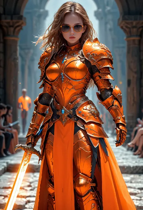 amazing quality, masterpiece, best quality, hyper detailed, ultra detailed, UHD, perfect anatomy,
fashion show, model, stylish pose, wearing fantastic armor, orange armor, holding glowing sword, runway, stone road, (soft shades:1.3),
<lora:HKStyle:0.85>, HKStyle,
<lora:add-detail-xl:0.75>,
<lora:quality1:0.75>,
<lora:extremely_detailed:1.5>, extremely detailed,
