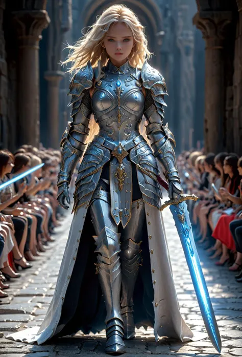 amazing quality, masterpiece, best quality, hyper detailed, ultra detailed, UHD, perfect anatomy, 
fashion show, model, stylish pose, wearing fantastic armor, silver armor, holding glowing sword, runway, stone road, soft shades, blond hair, hand up,
<lora:HKStyle:0.85>, HKStyle,
<lora:add-detail-xl:1.0>,
<lora:EnvyBetterHiresFixXL01:0.75>,
<lora:extremely_detailed:1.5>, extremely detailed,