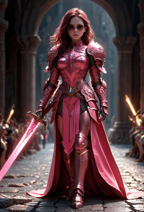 amazing quality, masterpiece, best quality, hyper detailed, ultra detailed, UHD, perfect anatomy,
fashion show, model, stylish pose, wearing fantastic armor, pink armor, holding glowing sword, runway, stone road, (soft shades:1.3), red dark hair, hand up,
<lora:HKStyle:0.85>, HKStyle,
<lora:add-detail-xl:0.75>,
<lora:quality1:0.75>,
<lora:extremely_detailed:1.5>, extremely detailed,