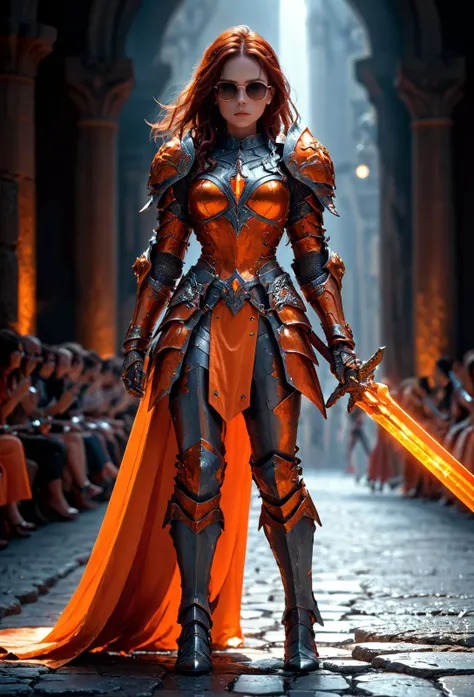 amazing quality, masterpiece, best quality, hyper detailed, ultra detailed, UHD, perfect anatomy,
fashion show, model, stylish pose, wearing fantastic armor, orange armor, holding glowing sword, runway, stone road, (soft shades:1.3), red dark hair, hand up,
<lora:HKStyle:0.85>, HKStyle,
<lora:add-detail-xl:0.75>,
<lora:quality1:0.75>,
<lora:extremely_detailed:1.5>, extremely detailed,