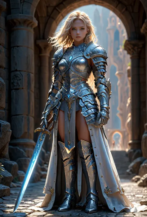 amazing quality, masterpiece, best quality, hyper detailed, ultra detailed, UHD, perfect anatomy, 
fashion show, model, stylish pose, wearing fantastic armor, silver armor, holding glowing sword, runway, stone road, soft shades, blond hair, hand up,
<lora:HKStyle:0.85>, HKStyle,
<lora:add-detail-xl:1.0>,
<lora:EnvyBetterHiresFixXL01:0.75>,
<lora:extremely_detailed:1.5>, extremely detailed,