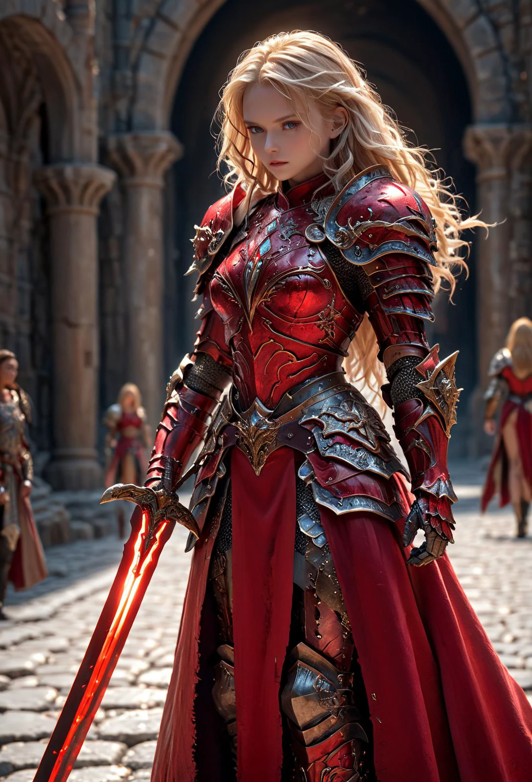 amazing quality, masterpiece, best quality, hyper detailed, ultra detailed, UHD, perfect anatomy,
fashion show, model, stylish pose, wearing fantastic armor, red armor, holding glowing sword, runway, stone road, soft shades, blond hair, hand up,
<lora:HKStyle:0.85>, HKStyle,
<lora:add-detail-xl:1.0>,
<lora:EnvyBetterHiresFixXL01:0.75>,
<lora:extremely_detailed:1.5>, extremely detailed,