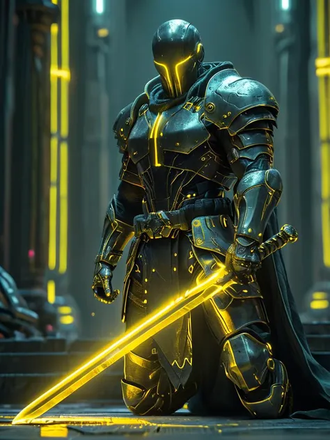 a man,
fullbody shot, kneeing on the floor, holding yellow glowing sword in one hand, cyberpunk setting, photorealistic, hyper detailed, 16K, HDR, raytraced, upscaled, HKStyle, HD, masterpiece, best quality, hyper detailed, ultra detailed,
<lora:HKStyle:0.8>