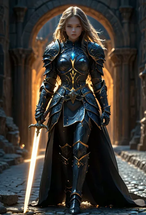 amazing quality, masterpiece, best quality, hyper detailed, ultra detailed, UHD, perfect anatomy,
fashion show, model, stylish pose, wearing fantastic armor, black armor, holding glowing sword, runway, stone road, soft shades, dark blond hair, hand up,
<lora:FantasyKnightsHKStyle:0.85>, HKStyle,
<lora:add-detail-xl:1.0>,
<lora:EnvyBetterHiresFixXL01:0.75>,
<lora:extremely_detailed:1.5>, extremely detailed,