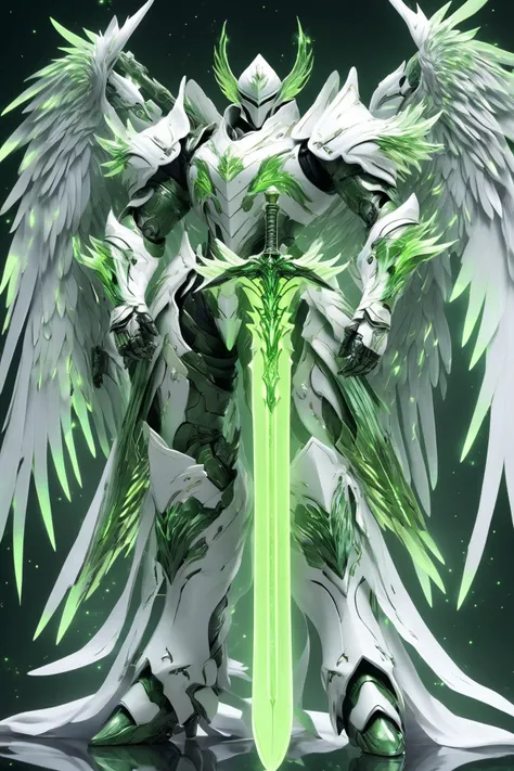 full body shot of 1man,male,solo,wearing white armor,holding green weapon infront of him,holding green sword,white wings,simple glowing background,HD,masterpiece,best quality,hyper detailed,ultra detailed,<lora:XLKnightV1:0.8>,