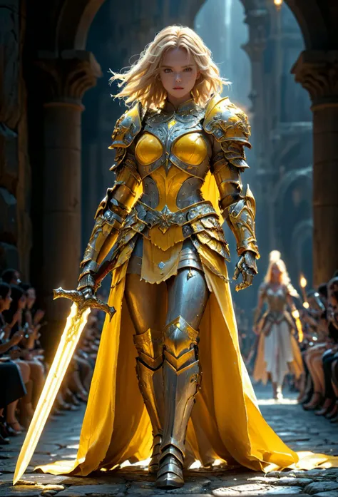 amazing quality, masterpiece, best quality, hyper detailed, ultra detailed, UHD, perfect anatomy,
fashion show, model, stylish pose, wearing fantastic armor, yellow armor, holding glowing sword, runway, stone road, soft shades, blond hair, hand up,
<lora:FantasyKnightsHKStyle:0.85>, HKStyle,
<lora:add-detail-xl:1.0>,
<lora:EnvyBetterHiresFixXL01:0.75>,
<lora:extremely_detailed:1.5>, extremely detailed,