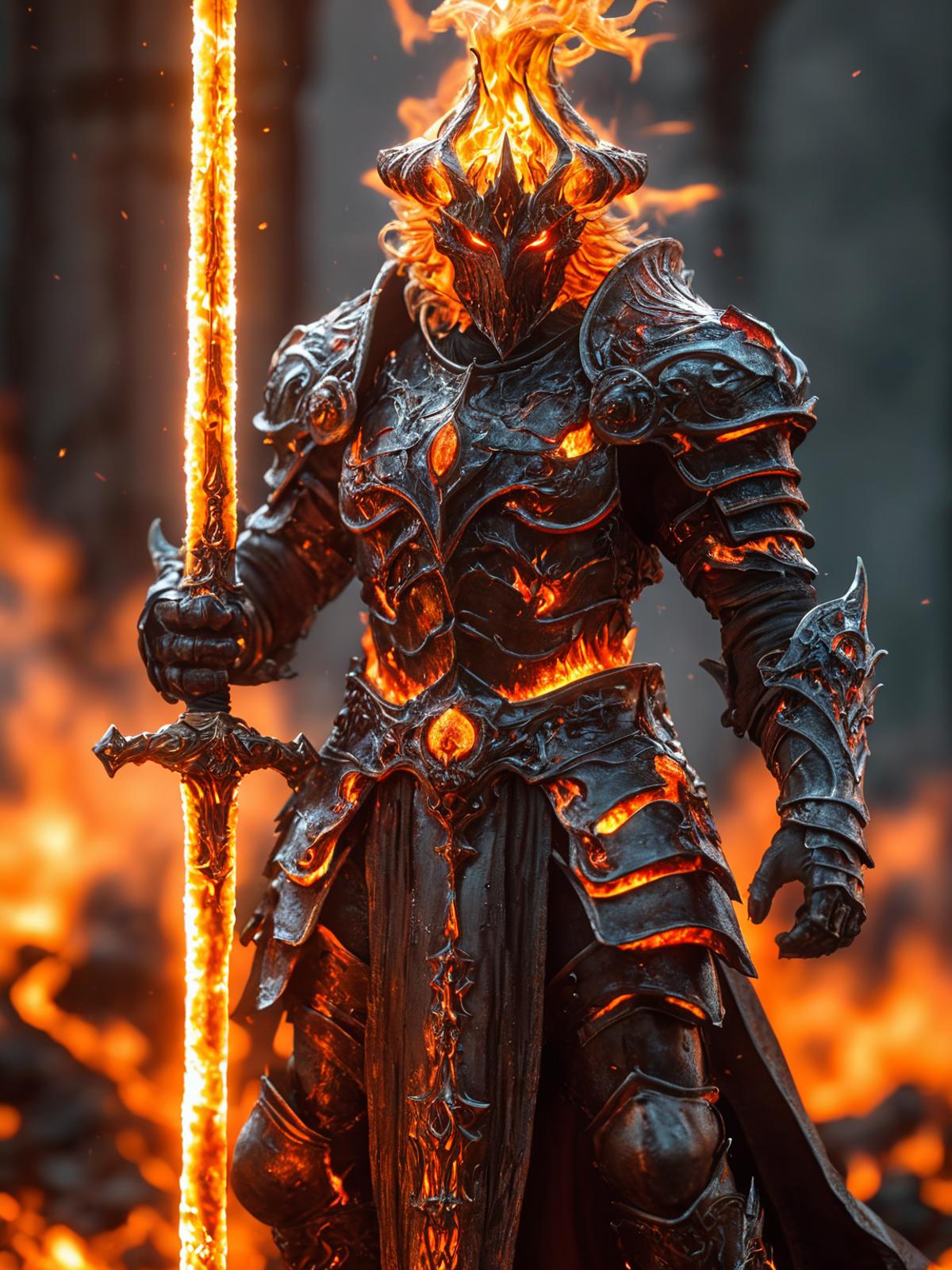A man in armor holding a sword in front of a fire - SeaArt AI