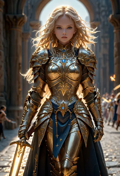 amazing quality, masterpiece, best quality, hyper detailed, ultra detailed, UHD, perfect anatomy,
fashion show, model, stylish pose, wearing fantastic armor, gold armor, holding glowing sword, runway, stone road, soft shades, blond hair, hand up,
<lora:FantasyKnightsHKStyle:0.85>, HKStyle,
<lora:add-detail-xl:1.0>,
<lora:EnvyBetterHiresFixXL01:0.75>,
<lora:extremely_detailed:1.5>, extremely detailed,