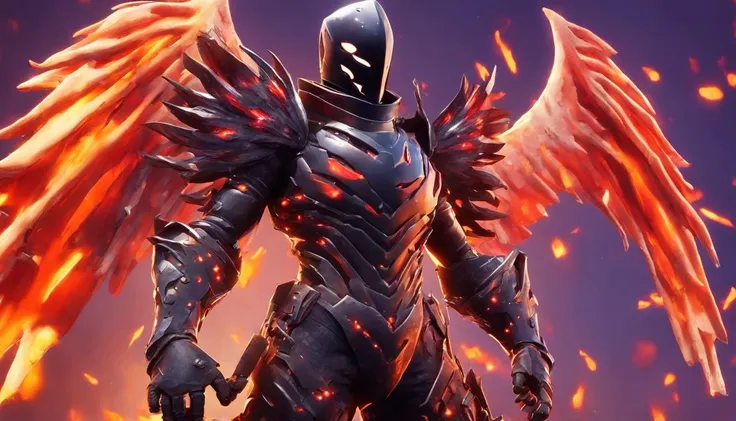 fortnite style, character artwork, <lora:XLKnightV1:1.0> knight in shiny molten magma black armor, (bone wings:1.2), sword, dynamic, vibrant, detailed character, reminiscent of fortnite