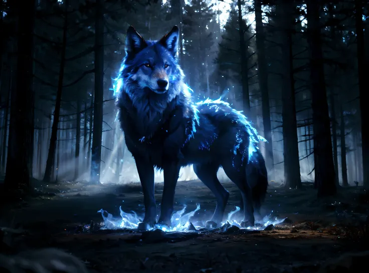 a wolf standing in the middle of a forest with blue fire and smoke around it's legs and head, cryengine, ray tracing, concept art, furry art
