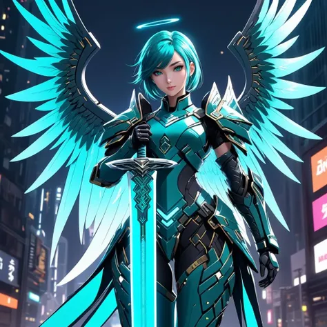 1girl. female, solo, wearing teal armor, holding glowing tech sword, angel wings, cyberpunk city, HD, masterpiece, best quality, hyper detailed, ultra detailed,<lora:XLKnightV1:1>