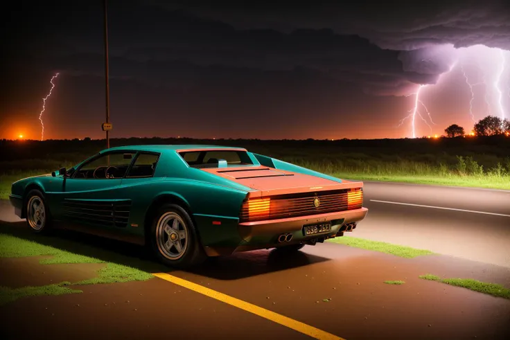TESTAROSSO, Epic tornado, abandoned vintage retro signage in strong rain, sport cars , horror, lightning, thunder, scary night neon lighting, urbex, decay, rusty, overgrown, after the sunset, volumetric lighting, cinematic, dramatic, urban exploration, Eastman Kodak color negative film 5251 50T shot on panavision super ps, photorealistic, hyper - realistic, photo - realistic, extremely detailed, 8k <lora:TESTAROSSO:0.8>