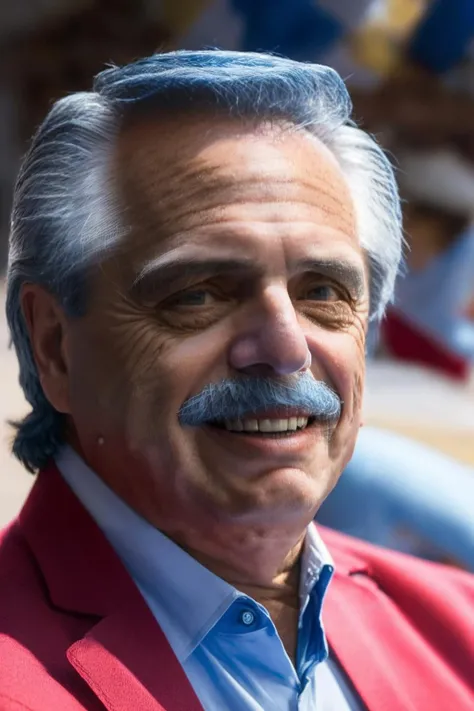 portrait of sks man ((alberso)) in the street with a ((blue suit and red shirt)), very detailed face, high quality, in the day, sunny day, 8k   <lora:alberso:1.20>