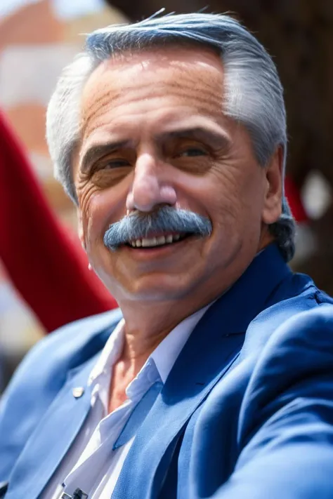 portrait of sks man ((alberso)) in the street with a ((blue suit and red shirt)), very detailed face, high quality, in the day, sunny day, 8k <lora:alberso:1.20>