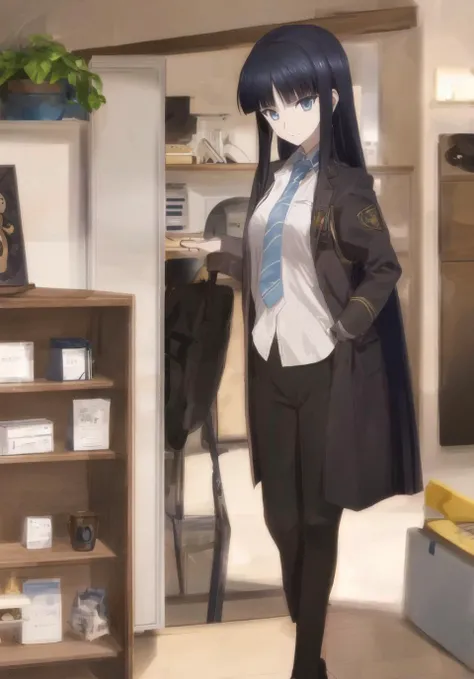 <lora:touma kazusa V1.1:1>, 1girl, long hair, black hair, blue eyes, standing, looking at viewer, school uniform