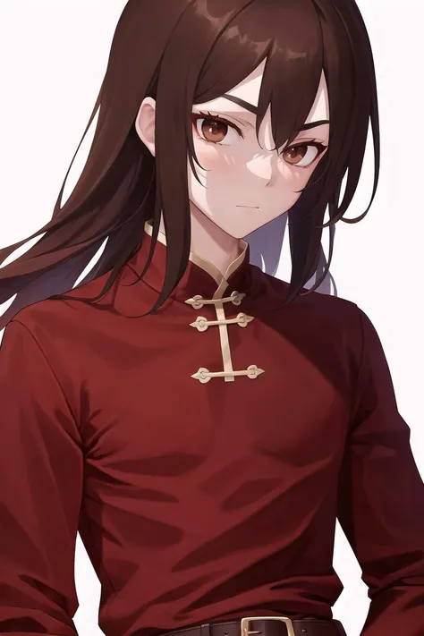 masterpiece, best quality, <lora:navarre_fe_v1:1>, navarre,
1boy, solo, upper body, close-up, long hair, brown hair, long hair, brown eyes, boots, belt, side slit, pants, black legwear, chinese clothes, red shirt, long sleeves, sheath, brown footwear,