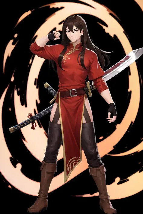 masterpiece, best quality, <lora:navarre_fe_v1:1>, navarre, <lora:FEH_Concept_v2:1>, feh, black background, simple background,
1boy, solo, full body, standing, long hair, black hair, long hair, brown eyes, boots, belt, side slit, pants, black legwear, chinese clothes, red shirt, long sleeves, sheath, sword, katana, brown footwear, elbow gloves, fingerless gloves, side slit
