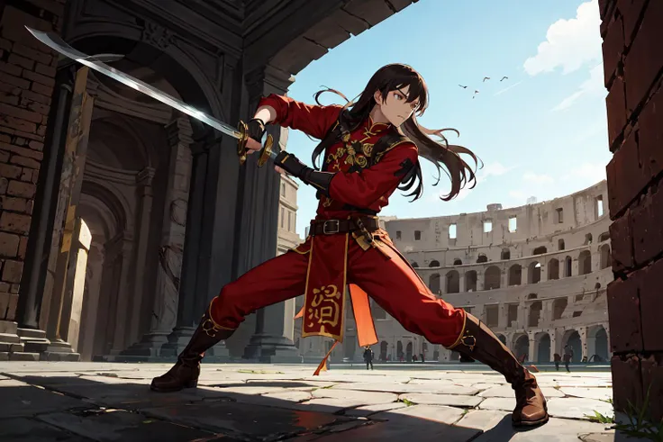 <lora:navarre_fe_v1:.75> Navarre, 1man, long hair, boots, belt, side slit, pants, black legwear, chinese clothes, red shirt, long sleeves, sheath, sword, brown footwear, elbow gloves, fingerless gloves, solo, focus, stance, fighting, from below, colloseum, rome, sky, lit from above, soft light <lora:UnlimitedBladeWorks:.9> two handed sword