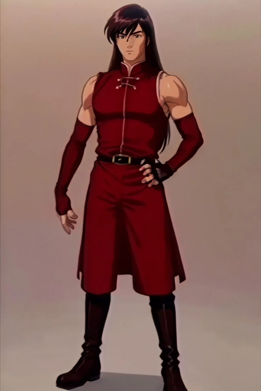 masterpiece, best quality, 1boy, male focus, solo, standing, <lora:Feovatest2:1> <lora:navarre_fe_v1:1> navarre, long hair, boots, belt, side slit, pants, black legwear, chinese clothes, red shirt, long sleeves, brown footwear, elbow gloves, fingerless gloves
