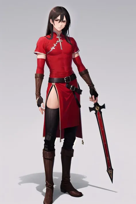 masterpiece, best quality, <lora:navarre_fe_v1:1>, navarre,
1boy, solo, long hair, black hair, long hair, brown eyes, boots, belt, side slit, pants, black legwear, chinese clothes, red shirt, long sleeves, sheath, brown footwear, elbow gloves, fingerless gloves, side slit