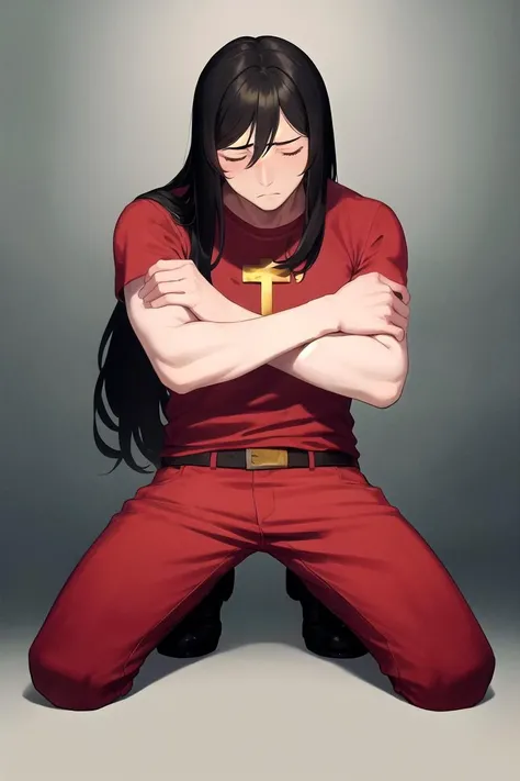 masterpiece, best quality, <lora:navarre_fe_v1:1.5>, navarre,
1boy, solo, black hair, long hair, praying, closed eyes, kneeling, priest, toned, red shirt