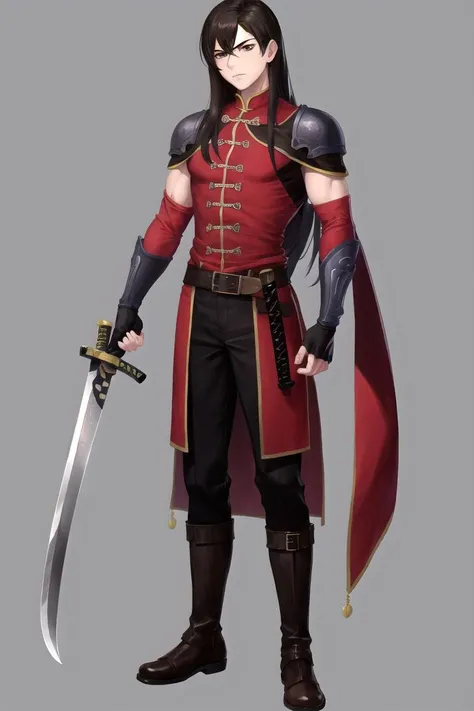 masterpiece, best quality, <lora:navarre_fe_v1:1>, navarre, <lora:FEH_Concept_v2:1>, feh, black background, simple background, 
1boy, solo, full body, standing, long hair, black hair, long hair, brown eyes, boots, belt, side slit, pants, black legwear, chinese clothes, red shirt, long sleeves, sheath, sword, katana, brown footwear, elbow gloves, fingerless gloves, side slit, toned