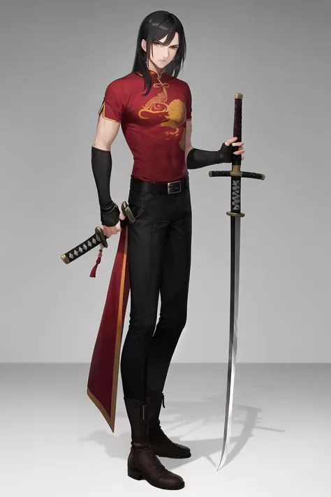 masterpiece, best quality, <lora:navarre_fe_v1:1>, navarre,
1boy, solo, full body, standing, (black hair:1.3), long hair, brown eyes, boots, belt, side slit, pants, black legwear, chinese clothes, red shirt, long sleeves, sheath, sword, katana, brown footwear, elbow gloves, fingerless gloves, toned