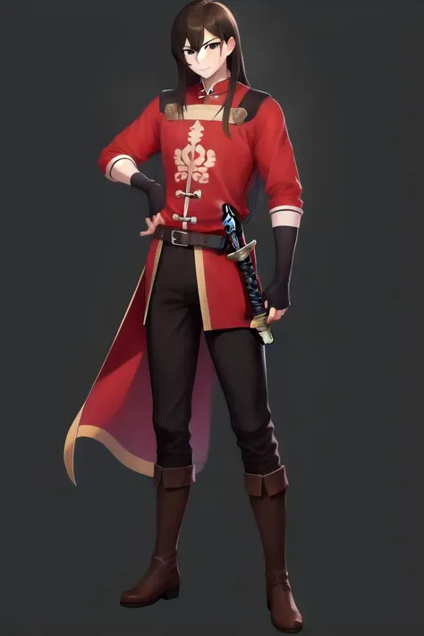 masterpiece, best quality, <lora:navarre_fe_v1:1>, navarre, <lora:FEH_Concept_v2:1>, feh, black background, simple background,
1boy, solo, long hair, black hair, long hair, brown eyes, boots, belt, side slit, pants, black legwear, chinese clothes, red shirt, long sleeves, sheath, sword, katana, brown footwear, elbow gloves, fingerless gloves, side slit