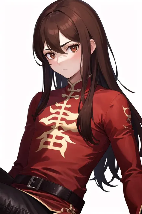masterpiece, best quality, <lora:navarre_fe_v1:1>, navarre,
1boy, solo, upper body, close-up, long hair, brown hair, long hair, brown eyes, boots, belt, side slit, pants, black legwear, chinese clothes, red shirt, long sleeves, sheath