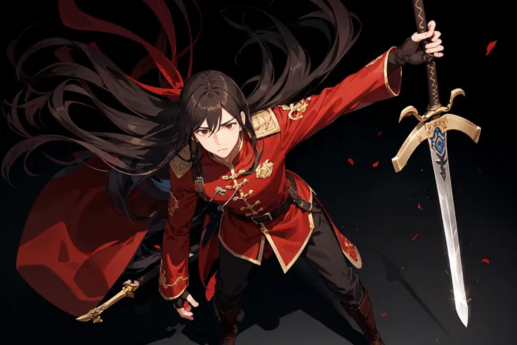 <lora:navarre_fe_v1:.75> Navarre, 1man, long hair, boots, belt, side slit, pants, black legwear, chinese clothes, red shirt, long sleeves, sheath, sword, brown footwear, elbow gloves, fingerless gloves, solo, focus, from above, standing, looking away <lora:UnlimitedBladeWorks:.9> two handed sword