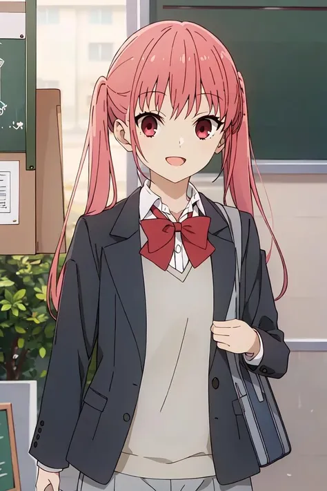 (extremely detailed CG unity 8k wallpaper),(masterpiece),(best quality),(ultra-detailed),(best illustration),(best shadow),(absurdres), <lora:remi-11:0.7>Remi, 1girl, solo, twintails, bow, red bow, open mouth, bowtie, smile, school uniform, jacket, skirt, sunglasses on head, pink hair, red bowtie, looking at viewer, shirt, :d, anime coloring
