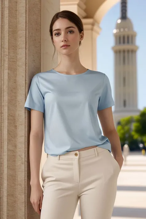 <lora:kawaii7.1.3_obj20:0.75:0.25>, European woman, closeup, sandals, (shirt), pants, (us capitol), ZM_melissa, wide shoulders, perfect face, (contact iris: 1.1), pale skin, skin pores , depth of field
