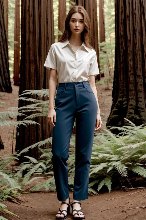 <lora:ahud1.58_obj20:0.5>, full_body, standing, sandals, (shirt), pants, (california redwoods), (ahud: 1.2), perfect face, (contact iris: 1.1), pale skin, skin pores , depth of field