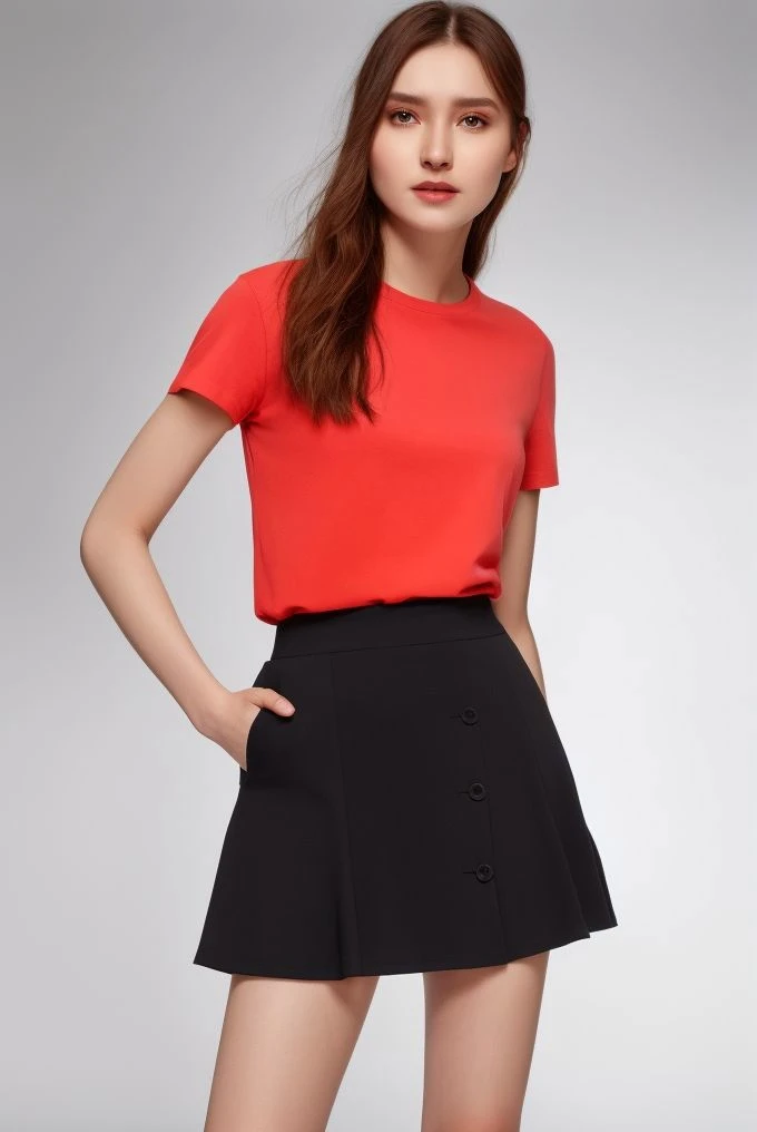 <lora:ahud1.1.1:0.7>, ahud, ahiga, (standing: 0.5), face, t-shirt, (skirt ), fair skin, high quality, (looking at viewer), studio lighting, 8k