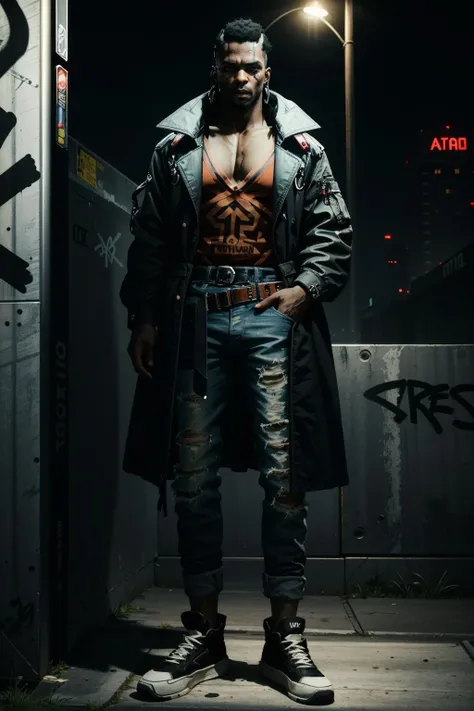 Cool man:(8K realism,Street hop style,Ten-pack abs,Freeze freezes,Cyberpunk coat,Vixen mask,Cyberpunk bracelet,rained,deep dark background)