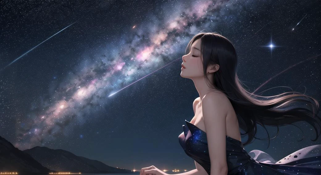on ground, star_\(sky\), starry_sky, starry_sky_print, light_particles, space, 1girl, night_sky, long_hair, solo, night, dress, shooting_star, closed_eyes, galaxy, bare_shoulders, --no-half-vae, --disable-nan-check