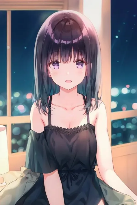 portrait,1girl,black hair,brown_eyes,night,arms behind back, <lora:hiten_v2-000011:1>