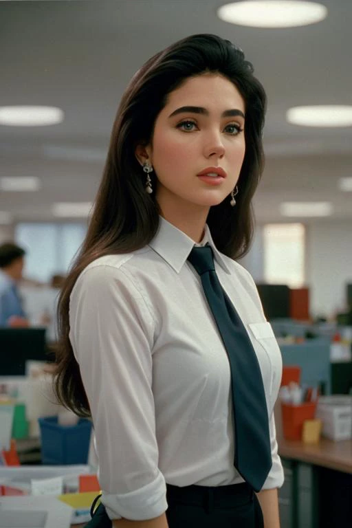 <lora:jenniferconnelly:0.5>, ,jenniferconnelly, ,photo of a woman, , perfect hair, beautiful perfect skin, ((busy office)), (modern photo, necktie, shirt), 24mm, (analog, cinematic, film grain:1.3), , detailed eyes, (upper body), (looking at viewer), earrings, (eyeliner, eyelashes)