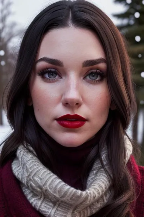 photo of a woman, gracecc, ((dark brown hair)), ((turtleneck sweater, scarf):1.1), ((outdoors, snow)), ((red lipstick, makeup)), (serious), ((best quality, masterpiece, extreme details, high resolution):1.2),((detailed eyes, beautiful eyes, detailed face, beautiful face):1.2)